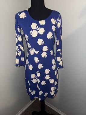 Boden Royal Blue Long-Sleeve Cream Floral Fit-and-Flare Dress
